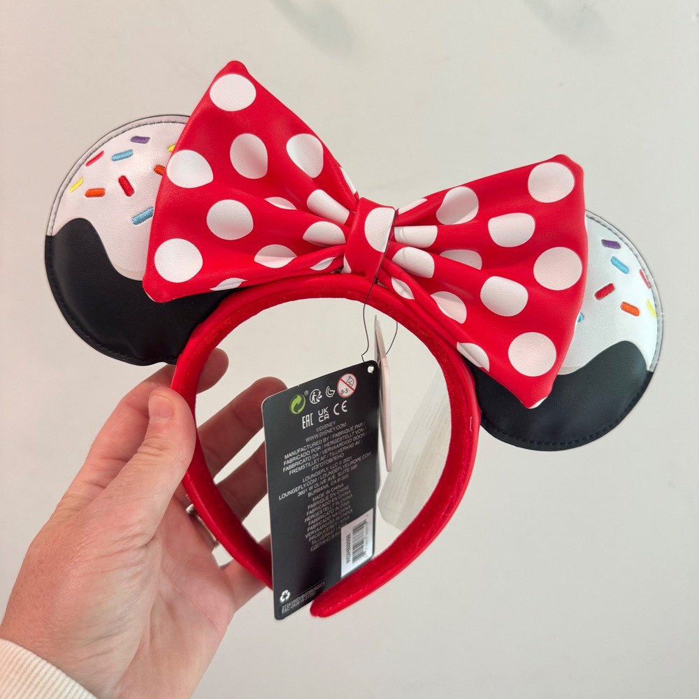 Disney Loungefly Minnie Mouse Sweets Sprinkles Cupcake Ears Headband Red Bow NWT